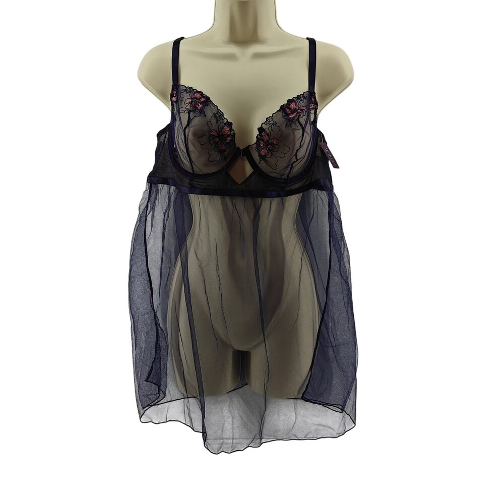 Adore Me Sheer Babydoll Purple Floral Embroidery Womens 38C